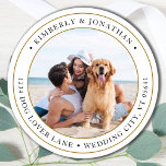 Personalized Photo Gold Wedding Return Address  Classic Round Sticker<br><div class="desc">Add the finishing touch to your wedding invitations with these custom photo, and personalized address labels. Customize with your favorite photo, names, and address. These simple address labels can be used for any and all occasions. COPYRIGHT © 2020 Judy Burrows, Black Dog Art - All Rights Reserved. Personalized Personalized Photo...</div>