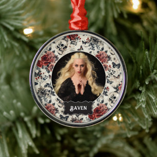 Personalized Photo Gothic Rose and Skull Christmas Metal Ornament
