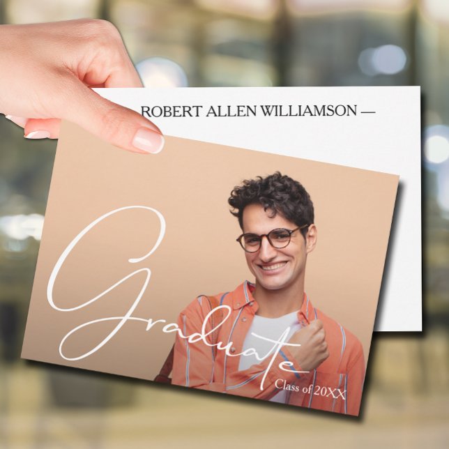 Personalized Photo Graduate Flat Thank You Note Card (5" x 7" Script Graduate on personalized photo flat thank you note cards, name & message on the back)