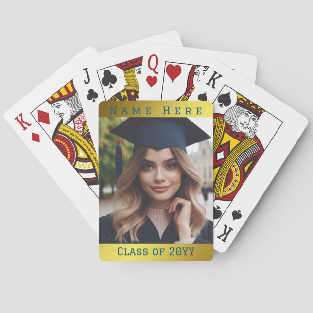 Personalized Photo Graduation Class Name Gold Blue Poker Cards (Back)