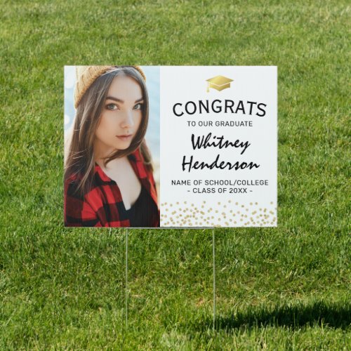 Personalized Photo Graduation Congratulations Sign - Elegant graduation yard sign featuring a white background, a photo of the graduate, a graduate cap, gold glitter, and a congratulations template that is easy to personalize.