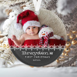 Personalized Photo Gray Babys First  Christmas Ornament<br><div class="desc">Celebrate baby's first Christmas with this cute ornament,  featuring a row of white snowflakes and white text on a charcoal gray background. Personalize it with baby's photo and name in a playful font.</div>