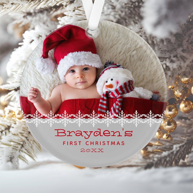 Personalized Photo Gray Red Baby's First Christmas Ornament (Creator Uploaded)