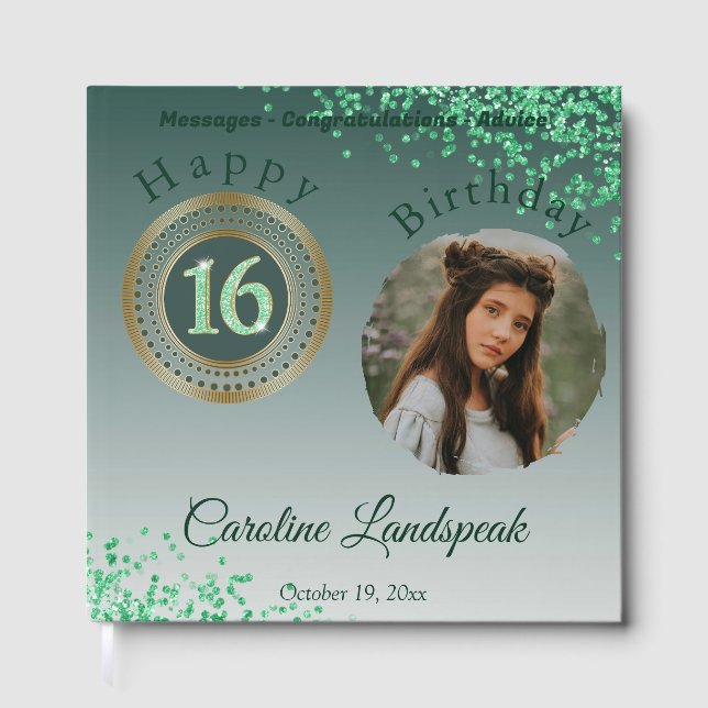 Personalized Photo Green Glitter, 16th Birthday Guest Book (Front)
