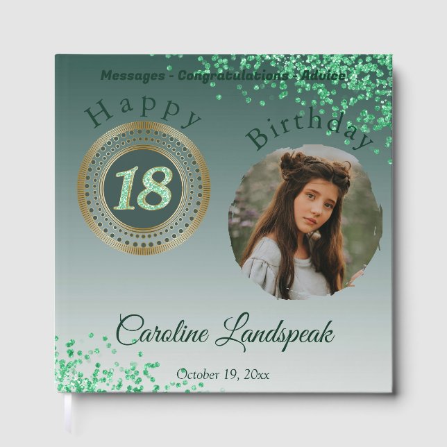 Personalized Photo Green Glitter, 18th Birthday Guest Book (Front)
