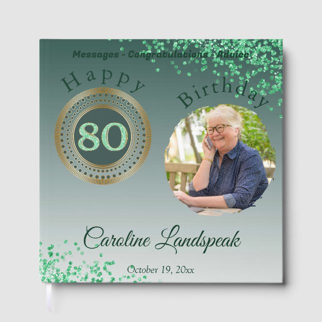 Personalized Photo Green Glitter, 80th Birthday Guest Book (Front)
