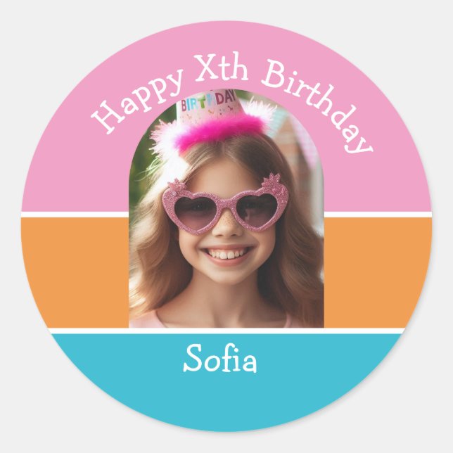 Personalized Photo Happy Birthday Name Any Age  Classic Round Sticker (Front)