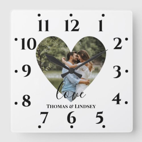 Personalized Photo Heart Frame Modern Calligraph Square Wall Clock