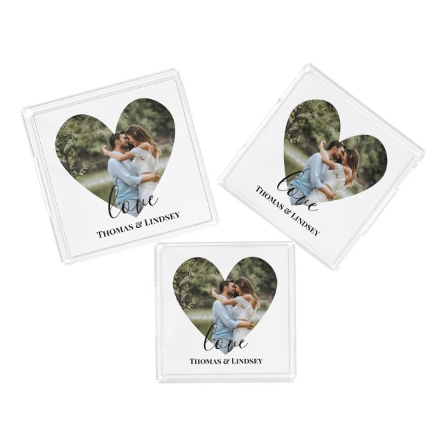 Personalized Photo Heart Frame Modern Calligraphy Acrylic Tray (Set)