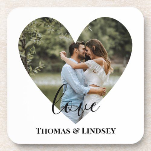Personalized Photo Heart Frame Modern Calligraphy Beverage Coaster