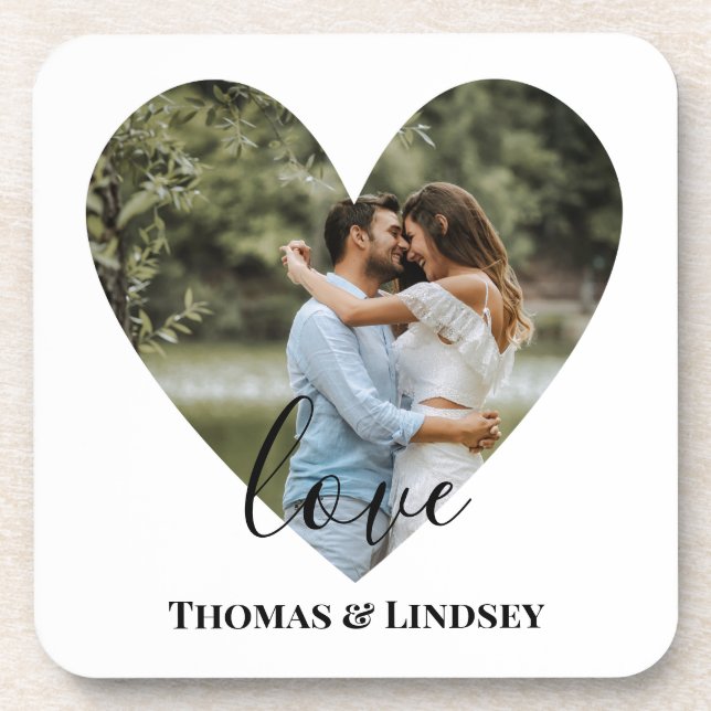 Personalized Photo Heart Frame Modern Calligraphy Beverage Coaster (Front)