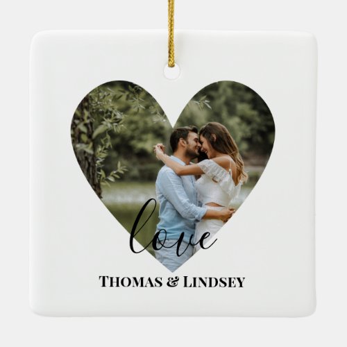 Personalized Photo Heart Frame Modern Calligraphy Ceramic Ornament