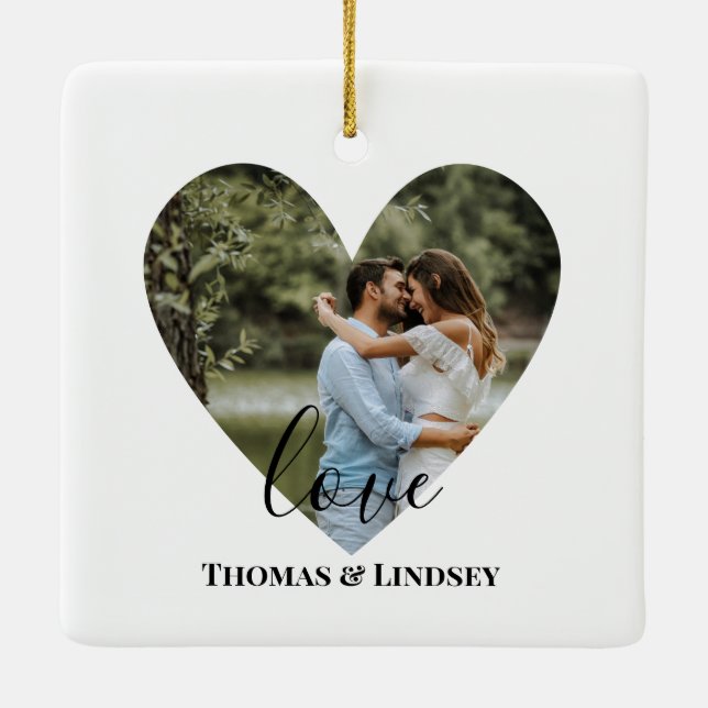 Personalized Photo Heart Frame Modern Calligraphy Ceramic Ornament (Back)