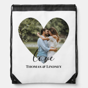 Personalized Photo Heart Frame Modern Calligraphy Drawstring Bag