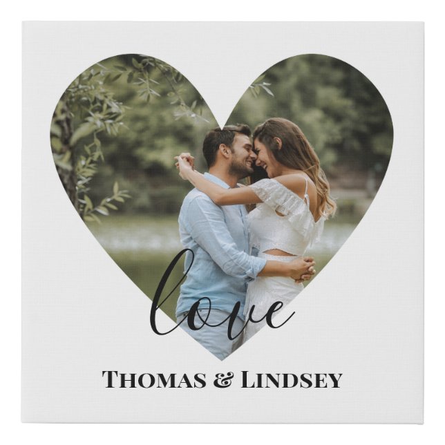 Personalized Photo Heart Frame Modern Calligraphy Faux Canvas Print (Front)