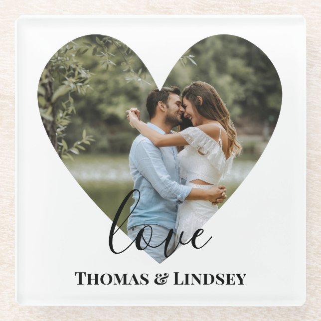 Personalized Photo Heart Frame Modern Calligraphy Glass Coaster (Front)