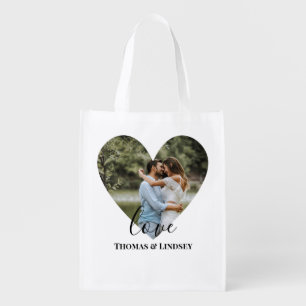 Personalized Photo Heart Frame Modern Calligraphy Grocery Bag