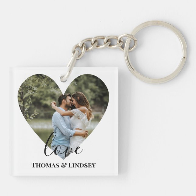 Personalized Photo Heart Frame Modern Calligraphy Keychain (Back)