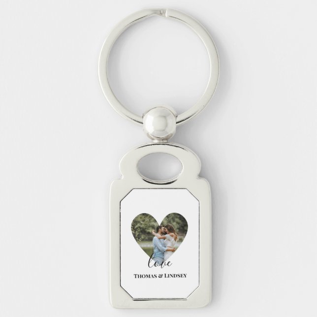 Personalized Photo Heart Frame Modern Calligraphy Keychain (Front)