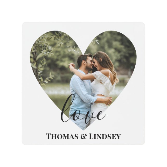Personalized Photo Heart Frame Modern Calligraphy Metal Print (Front)
