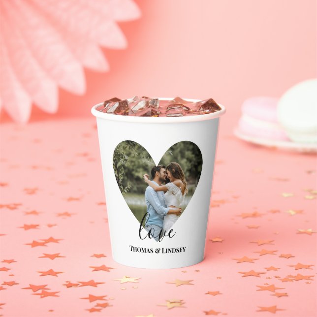 Personalized Photo Heart Frame Modern Calligraphy Paper Cups (Insitu)