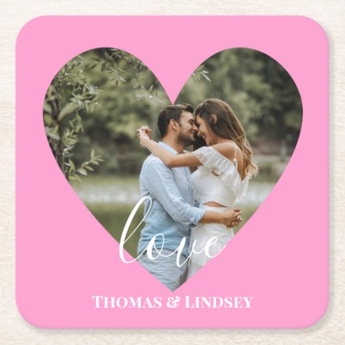 Personalized Photo Heart Frame Modern Calligraphy Square Paper Coaster
