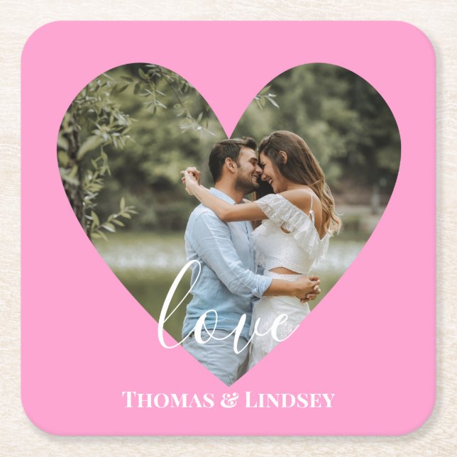 Personalized Photo Heart Frame Modern Calligraphy Square Paper Coaster (Front)