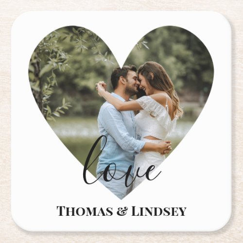 Personalized Photo Heart Frame Modern Calligraphy  Square Paper Coaster