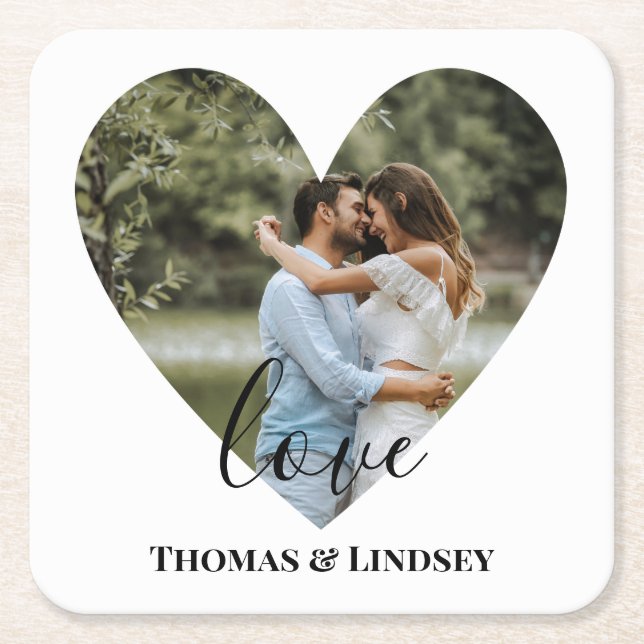 Personalized Photo Heart Frame Modern Calligraphy  Square Paper Coaster (Front)