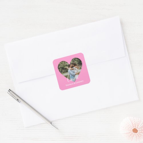 Personalized Photo Heart Frame Modern Calligraphy  Square Sticker