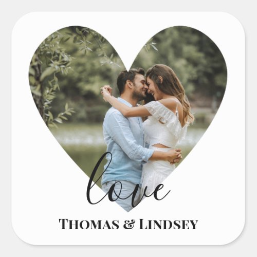 Personalized Photo Heart Frame Modern Calligraphy Square Sticker