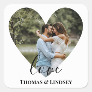 Personalized Photo Heart Frame Modern Calligraphy Square Sticker