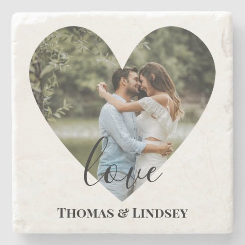 Personalized Photo Heart Frame Modern Calligraphy Stone Coaster
