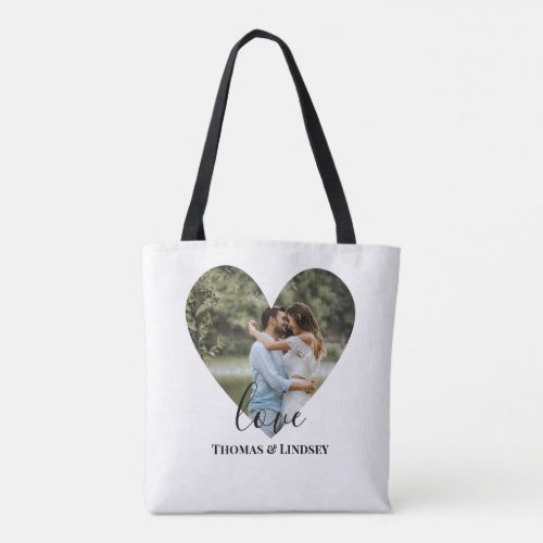 Personalized Photo Heart Frame Modern Calligraphy Tote Bag