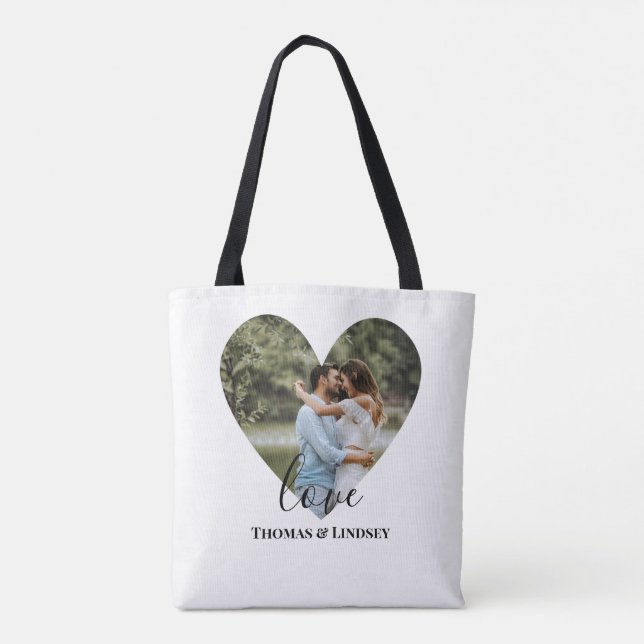 Personalized Photo Heart Frame Modern Calligraphy Tote Bag (Back)