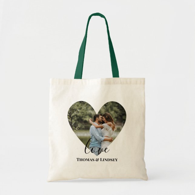 Personalized Photo Heart Frame Modern Calligraphy Tote Bag (Front)