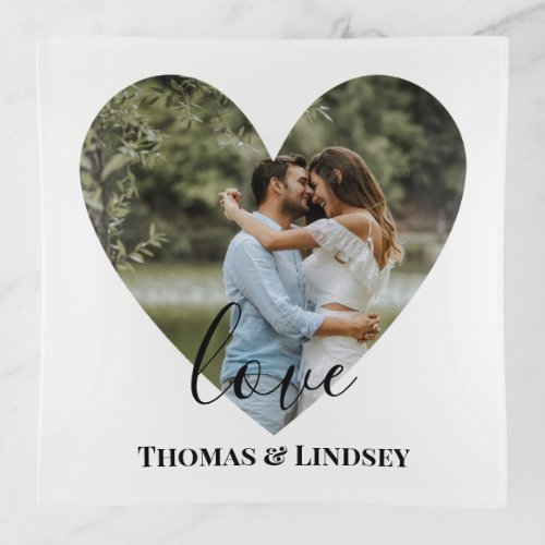 Personalized Photo Heart Frame Modern Calligraphy Trinket Tray