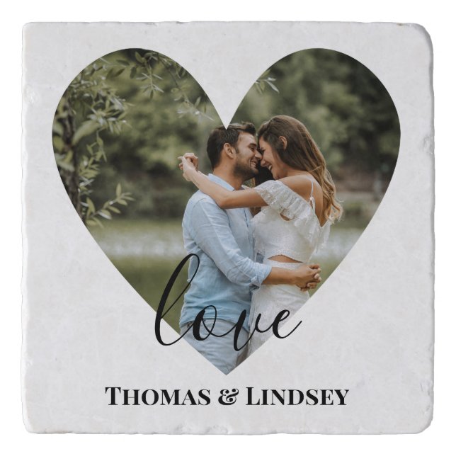 Personalized Photo Heart Frame Modern Calligraphy Trivet (Front)