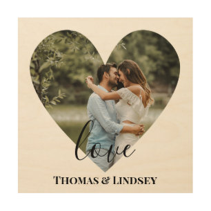 Personalized Photo Heart Frame Modern Calligraphy Wood Wall Art
