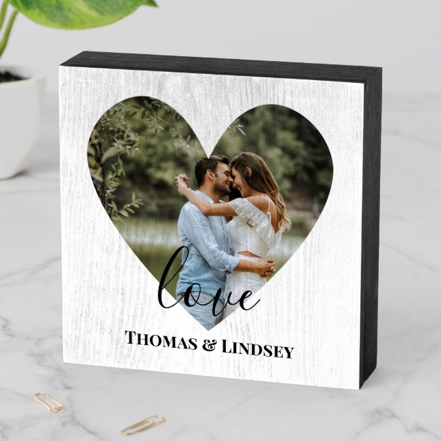 Personalized Photo Heart Frame Modern Calligraphy Wooden Box Sign (In Situ Horizontal)