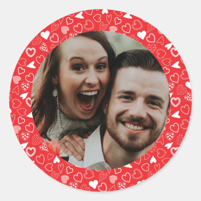 Personalized photo Hearts pattern red  Classic Round Sticker (Front)