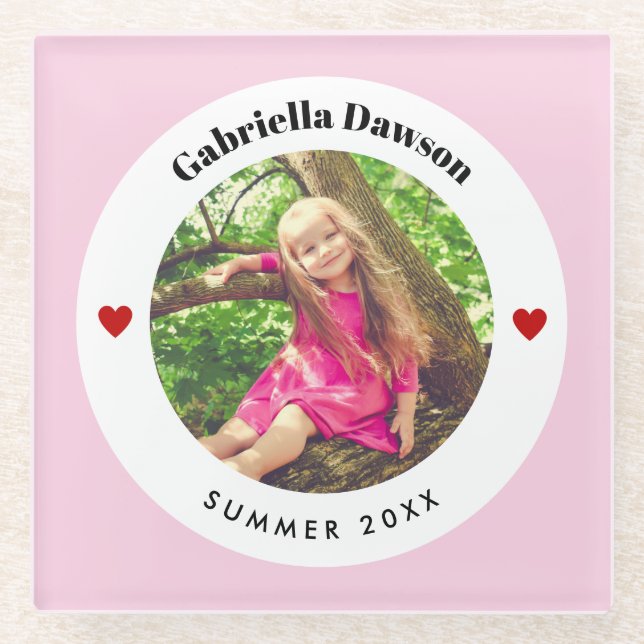 Personalized Photo in Baby Pink White Circle Heart Glass Coaster (Front)