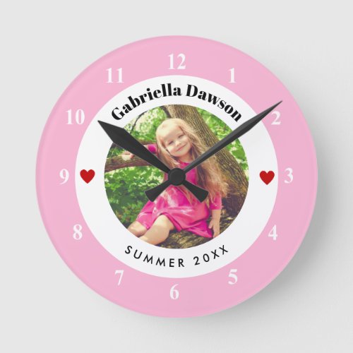 Personalized Photo in Baby Pink White Circle Heart Round Clock