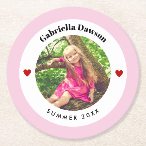 Personalized Photo in Baby Pink White Circle Heart Round Paper Coaster