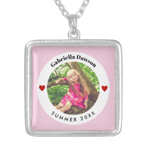 Personalized Photo in Baby Pink White Circle Heart Silver Plated Necklace