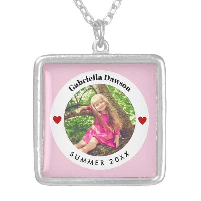 Personalized Photo in Baby Pink White Circle Heart Silver Plated Necklace (Front)