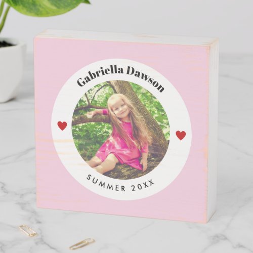 Personalized Photo in Baby Pink White Circle Heart Wooden Box Sign