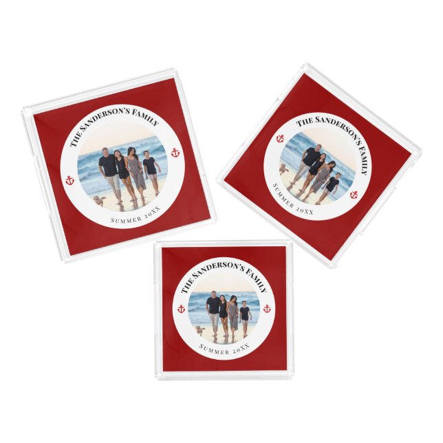 Personalized Photo in Black Circle with Red Anchor Acrylic Tray (Set)