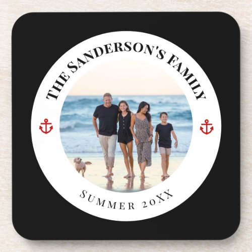 Personalized Photo in Black Circle with Red Anchor Beverage Coaster