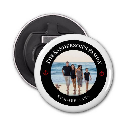Personalized Photo in Black Circle with Red Anchor Bottle Opener
